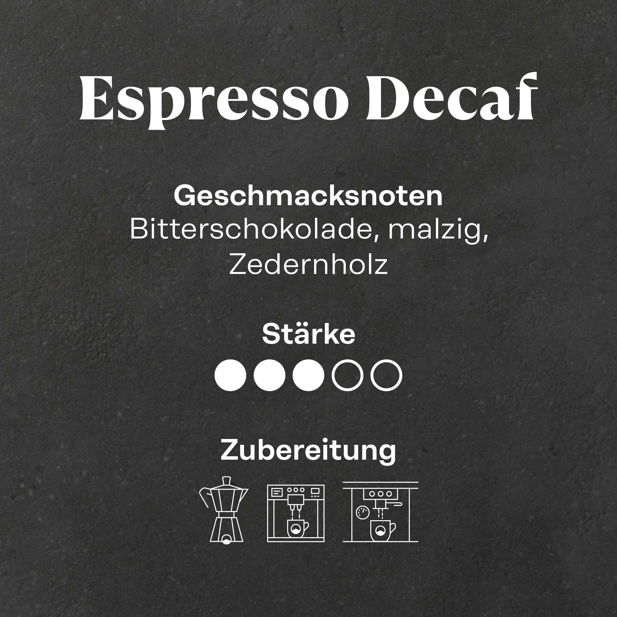 Espresso Decaf Röstkaffee – Cupping Notes: Würzig & intensiv mit Bitterschokolade, Malz & Zedernholz. Natürlich entkoffeiniert mit CO₂, ohne Chemie – ideal für jede Tageszeit.