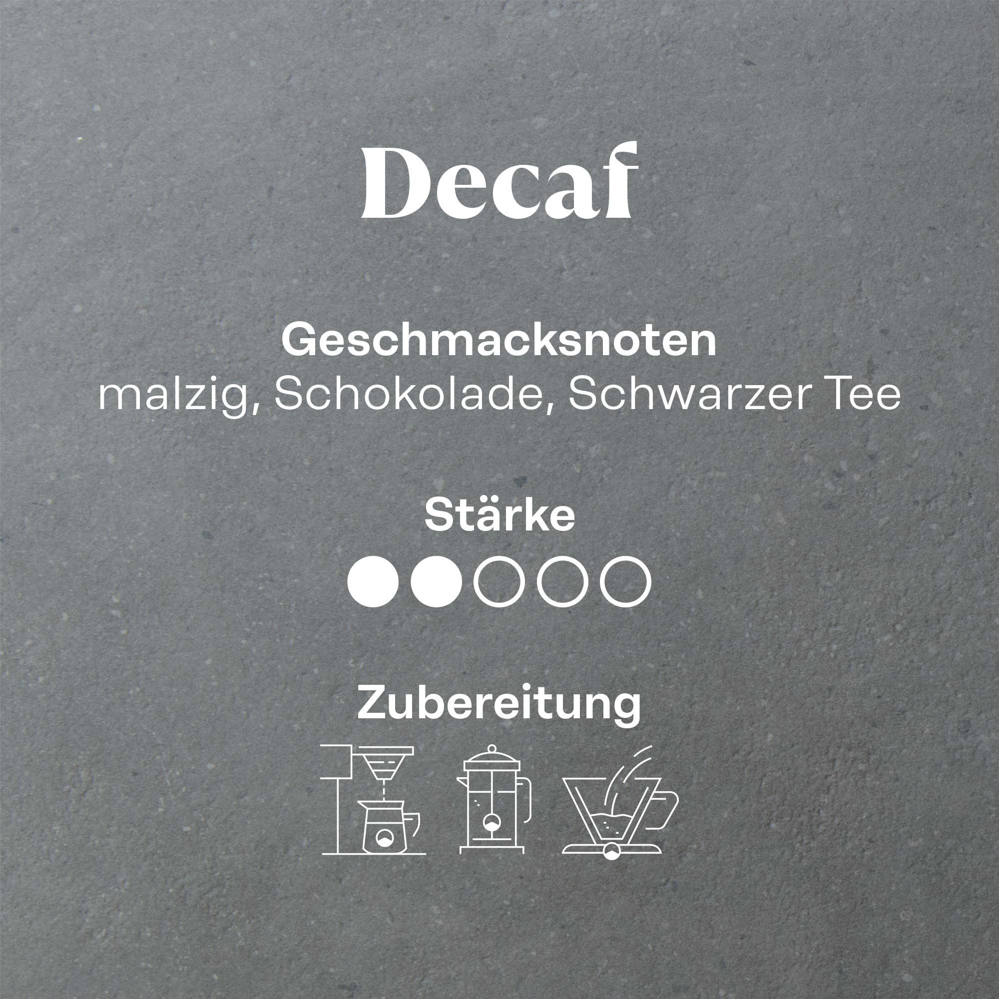 Decaf Röstkaffee – Cupping Notes: Mild & harmonisch mit Malz, Schokolade & Schwarzem Tee. Natürlich entkoffeiniert mit CO₂, schonend & ohne chemische Zusätze.