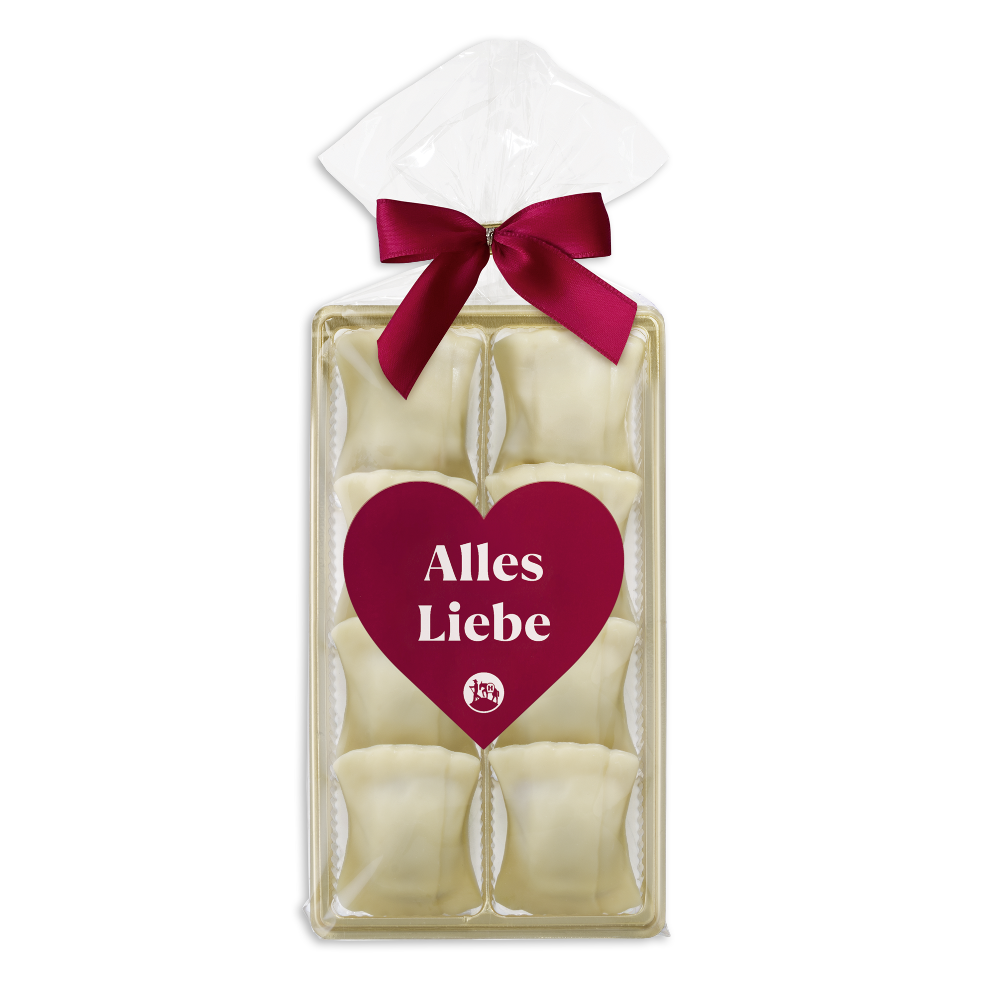 Geschenk 'Alles Liebe': 8 süße Maultäschle aus weißer Schokolade mit Nougatfüllung – Hochland Confiserie.